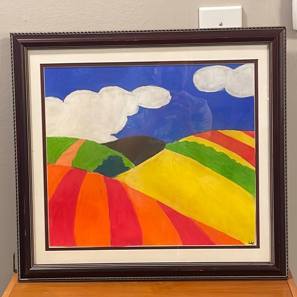 Vintage hand painted fun bright landscape picture. EUC! Signed HC or HK.